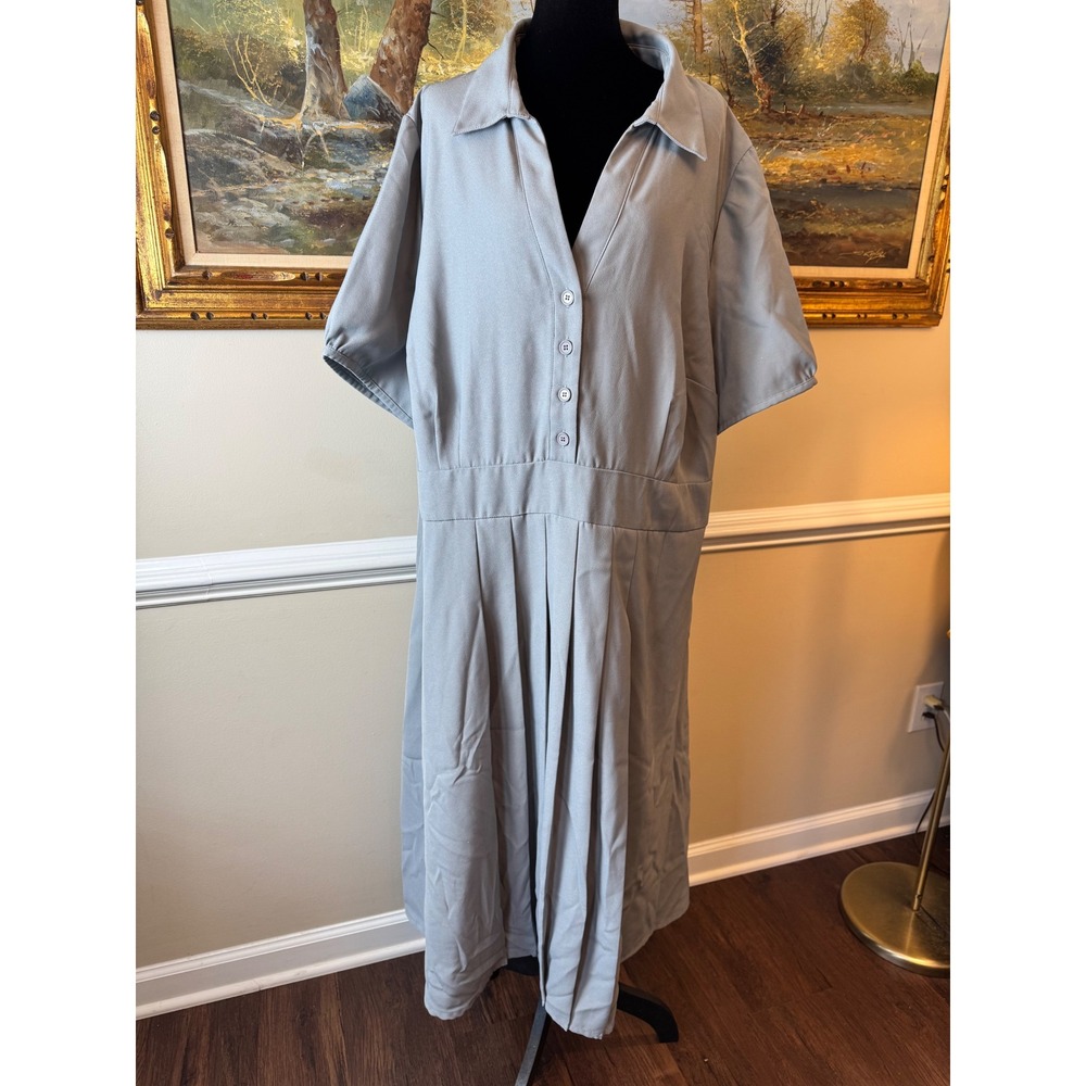 Chelsea Studio Grey Short Sleeve Pleated Midi Dress Plus Size 28W Y2K V-Neck